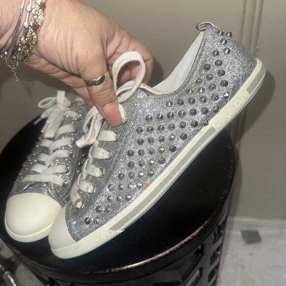 Prada Silver Glitter Studded Low Top Sneakers EU 40 - Picture 12 of 16